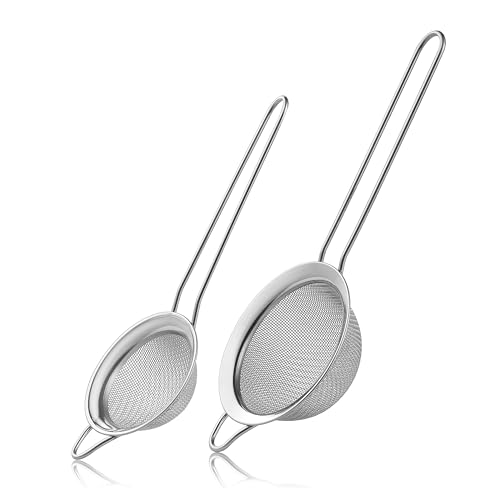 2 Pack Fine Mesh Strainers, Mini Stainless Steel Strainer with Handle for Kitchen, Metal Sieve Sifters for Straining Tea, Matcha, Cocktail, Juice and Coffee (8.6in 7.5in)