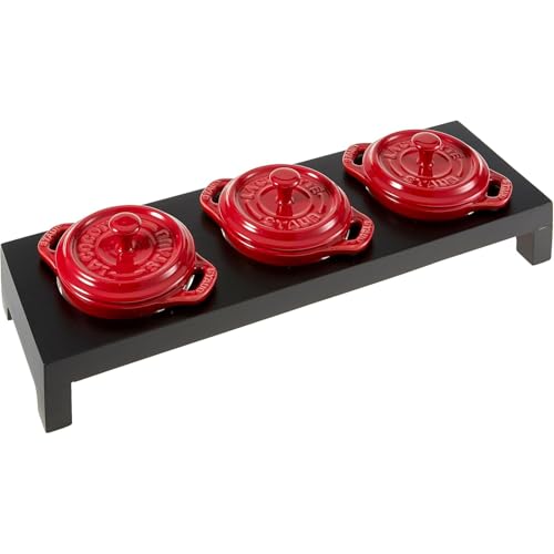 Staub Mini-Kokotte-Set aus Keramik, rund, mit Ständer, Kirschrot, 3-teilig