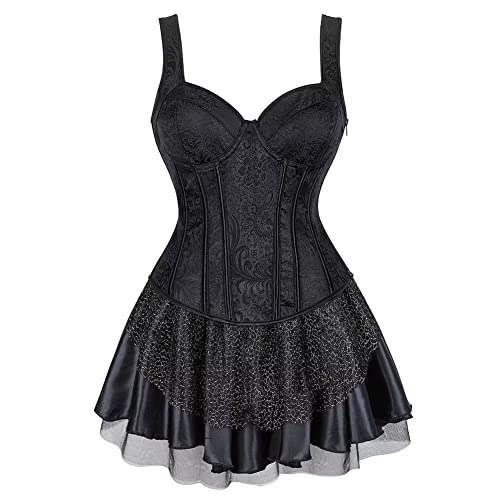 Josamogre Corset Bustier Femme Jupe Robe Set Sexy Bretelles Fermeture ?Clair Lingerie Burlesque Grande Taille Noir XL