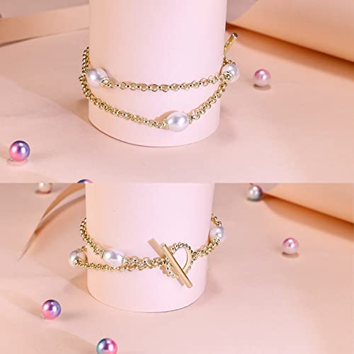 Gold Double Layered Pearl Bracelets for Women, 14K Real Yellow Gold Plated Dainty Pearls Bracelet2