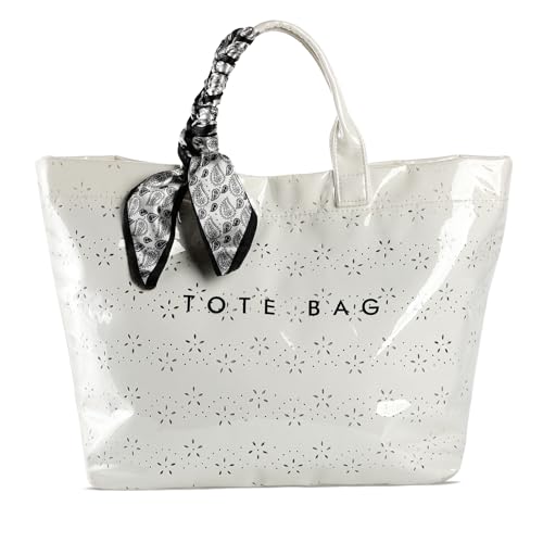 Drasynota PVC Tote Bag for Women Large Waterproof Plastic Tote Bag with Handle Letter Print Handbag Beach Tote with Ribbon