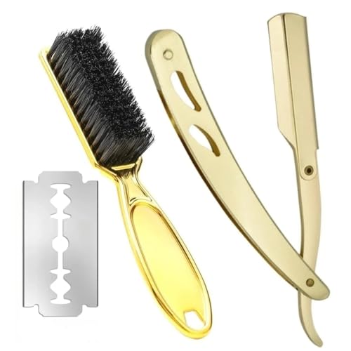 Barbers Manual Razor Beard Brush Set Men Straight Edge Depilation Razor Salon Haircut Beard Eyebrow Shaving Tools with 10 Blade