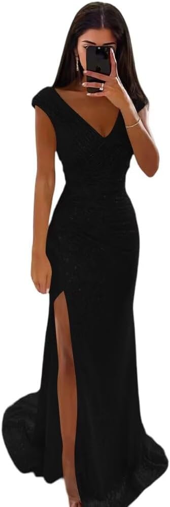 Sequin Mermaid Long Prom Dresses 2026 for Teens Sparkly V Neck Ruched Formal Evening Gown with Slit WA044