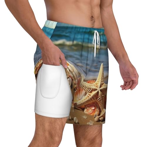 Men's Swim Trunk Quick Dry Swim Shorts with Liner Beach Short Seashells on The Sandy Beach Bathing Suit with Pocket2