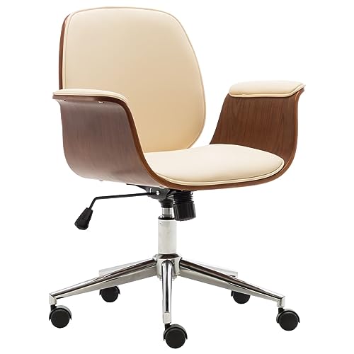 vidaXL Cream Artificial Leather Office Chair with Bent Wood Frame and Adjustable Height - Comfortable Seating for Workplace or Home Office
