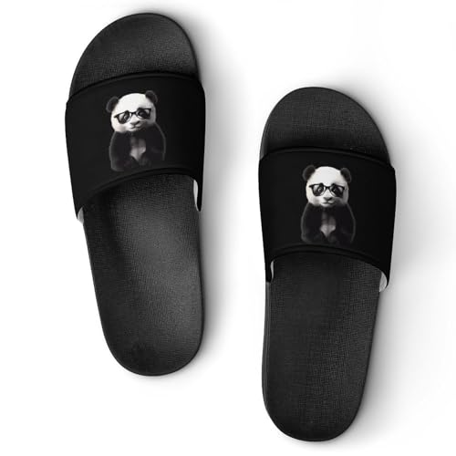 Panda with Eye Glasses House Slippers for Women Men Lightweight Open-toe Slide Shoes for Bathroom Swimming Beach