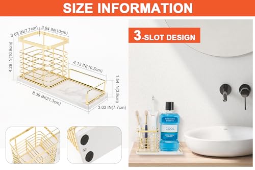 Image of Toothbrush Holder, Luxurious Metal Toothbrush Toothpaste Holder with Marble Base for Bathroom, Multi-Slots Openwork Design, Bathroom Accessory for Storage and Organizer (Large, Gold)