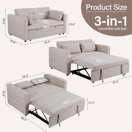 Image of HAOMARKETS 3 in 1 Convertible Sleeper Sofa Bed, Loveseat Chaise Lounge with Pullout Bed, 2-Seater Futon Couches with Storage Pockets, 3-Level Adjustable Backrest and Pillows for Living Room, White
