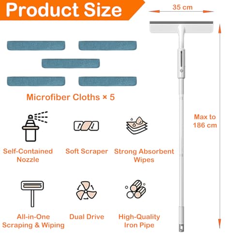 Image of RV Window Cleaning Squeegee with Spray, Max 73.3 inch Handle, Motorhome & Camper Exterior Glass Cleaner, 3-in-1 Spray Mop for High Windows, Home & Car