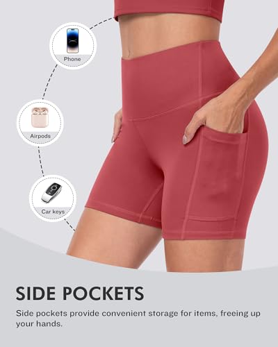 CHRLEISURE 6 Packs Womens Biker Shorts with Pocket, 5 Inch High Waisted Tummy Control Spandex Yoga Workout Shorts2