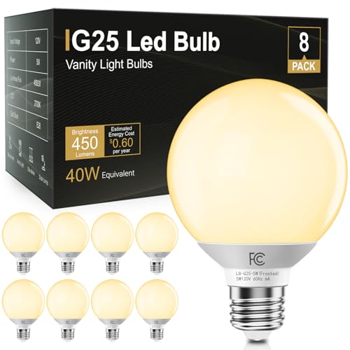 Image of TJOY G25 LED Globe Light Bulbs, Vanity Bulb for Bathroom 40W Equivalent | 2700K Soft Warm White E26 Base, Round Decorative Bulb for Vanity Makeup Mirror, CRI85+, 450LM, Non-Dimmable, UL, 8 Pack