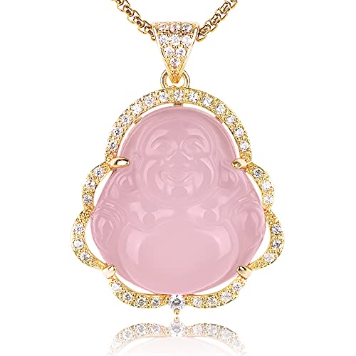 Dainty Laughing Buddha Necklace For Women Natural Crystal Pink Happiness Bodhisattva Cubic Zirconia Buddah Neckless Lucky Buddhist Gemstone Pendant Jewelry Gift for Girl Wife Mom Grandma
