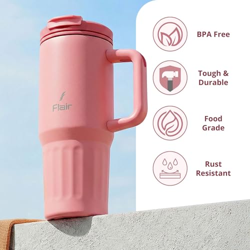 Image of FLAIR Vogue Vacuum Insulated Stainless Steel 750 ml Tumbler with Handle | 2-in-1 Lid with Flip Straw & Sip Spout -Pink | Hot & Cold Beverage Mug | Leak Resistant