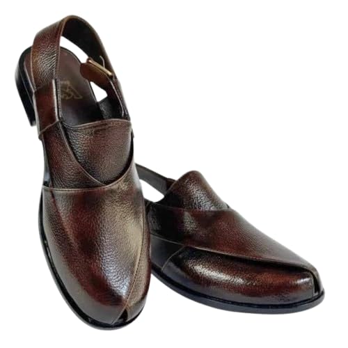 Men's Traditional Peshawari Chappal, Dark Brown Leather Sandals, Handcrafted Cultural Footwear