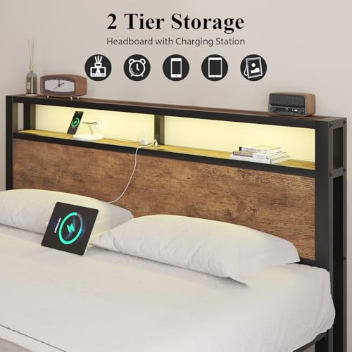 Image of LOEWAY King Size Platform Bed with 2-Tier Storage Headboard, Metal Bed Frame with Charging Station & LED Light, Heavy Duty Metal Slats, No Box Spring Need, Noise Free, Rustic Brown