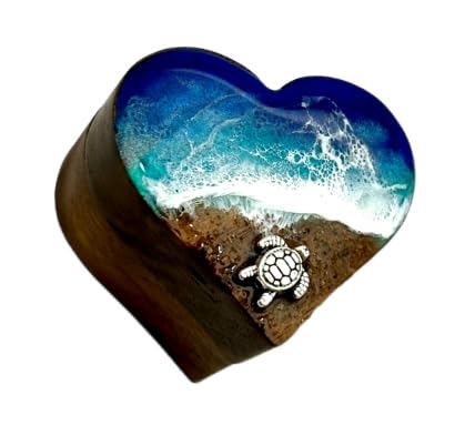 Ocean Resin Art Heart Ring Box, Walnut, Single Ring Slot, Ocean Blues, Turtle Charm, Beach, Ocean Ring Box, Jewelry Box Proposal, Wedding Engagement, Heart Shaped, Turtle, Sand, Ceremony, Valentine