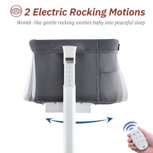 VaVaSoo Rocking Bassinet for Baby Automatic Bedside Bassinet Electric Baby Cradle 5 Heights Adjustable Bedside Sleeper for Babies Infant Smart Auto Rocking Crib 3 in 1 Bassinet on Wheels, Dark Grey