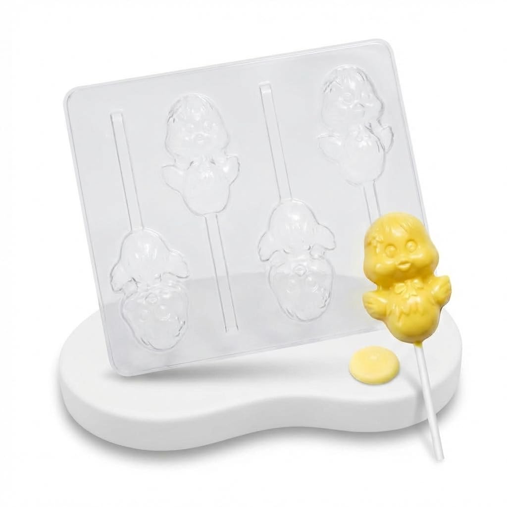 Chickie Lollipop Chocolate Candy Mold Easter 1818 - Plastic Chick with Flower, 4 Cavities, 2.4" x 3.6"