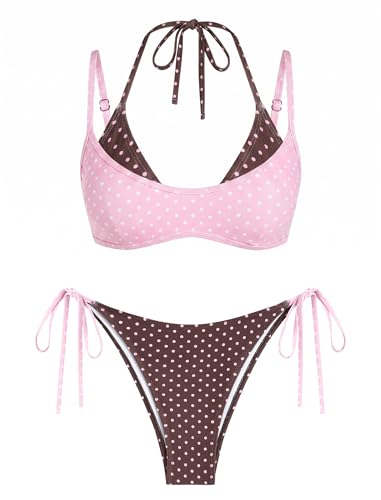 Image of ZAFUL Women's Polka Dot Bikini Set Double Layer Halter Swimsuit Colorblock Side Tie 2 Piece Bathing Suit 0-Pink Polka Dot L