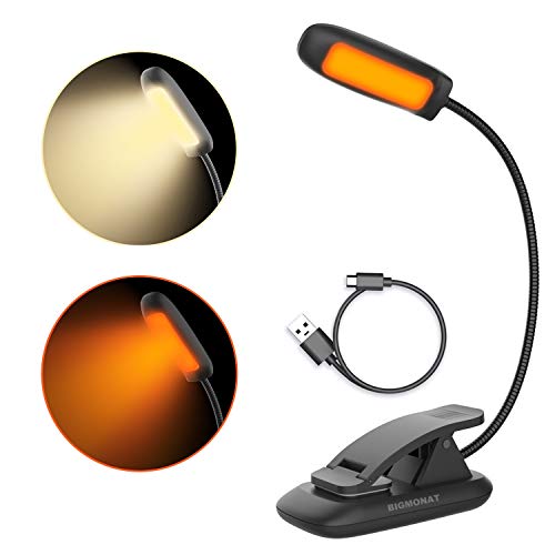 BIGMONAT Book Reading Light,Rechargeable Amber Book Led Night Light,Portable Bendable Neck, USB or Battery Operated,Brightness Adjustable Reading Light,Reduces Eye Strain,Black