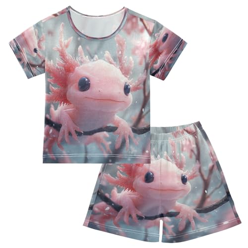 Pajama Sets Short Sleeve Pink Cute Axolotl Cherry Blossoms Soft Cotton Summer Sleepwear 2 Piece PJS Size 5-14T