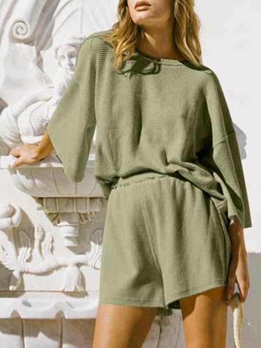 Image of Tankaneo Womens Short Sets 2 Piece Outfits 3 /4 Sleeve Tops and Elastic Waist Shorts Lounge Set Casual Loungewear