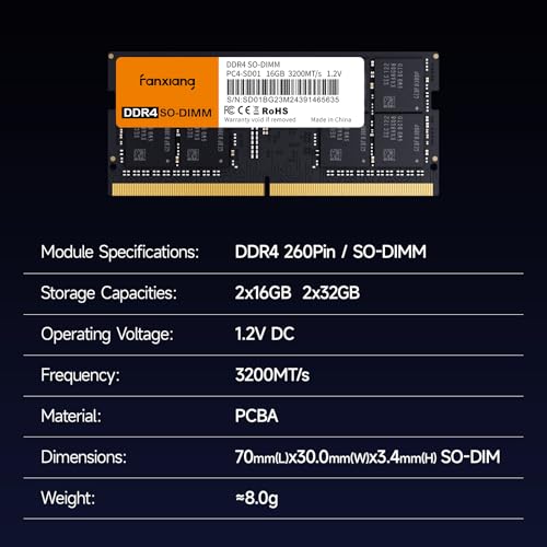 Image of fanxiang SODIMM DDR4 RAM 32GB (2 x 16GB) 3200Mhz, Intel AMD Laptop Memory CL22 1.2V Dual Channel,Ideal for Gaming and Productivity