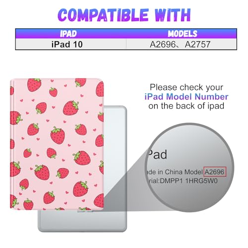 Pegmode for iPad 10th Generation Case 10.9 Inch Women Girls Cute Strawberry Folio Cover Girly Kawaii Pretty Design With Pencil Holder Smart Cover for Apple iPad 10th Gen Cases 2022 A2696 A2757 - Image 2