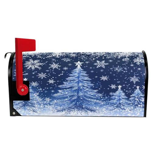 Image of Merry Christmas Tree Magnetic Mailbox Cover Large 21 X 25 in Winter Snowflake Snow Blue White Xmas Mail Box Covers Decals Wraps Post Box Outdoor Decorations