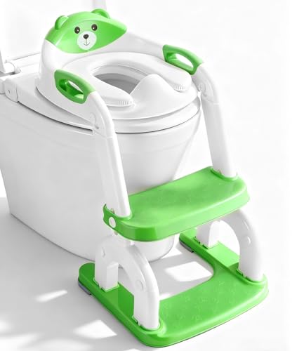 2-in-1 Toilettensitz Kinder mit Treppe Upgraded WC Aufsatz für Kinder für Jungen und Mädchen Toilettentrainer mit Treppe Höhenverstellbar Bequemer Sicherer Toilettensitze (Grün Drei Treppe)