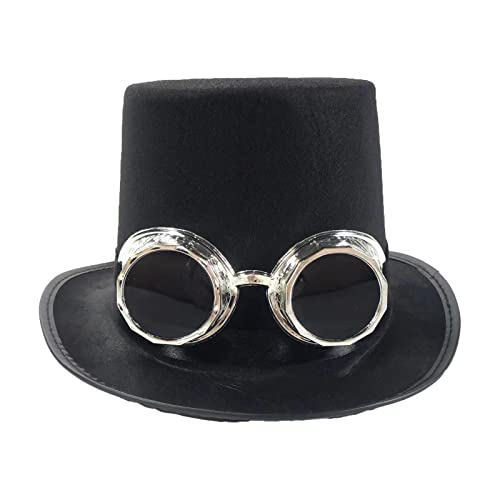 Steampunk - Sombrero gótico negro con gafas desmontables para hombres y mujeres, gorra de jazz de Halloween, sombrero mágico, plata, Talla única Cover