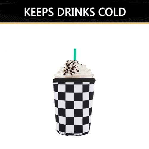 Image of YR Reusable Neoprene Insulator Sleeve for Iced Coffee Cups, 3 Pack Coffee Coolies sleeves for Iced & Hot Drinks, Cold Beverage Cooler Compatible with Starbucks Coffee and More (Checkerboard Pattern)