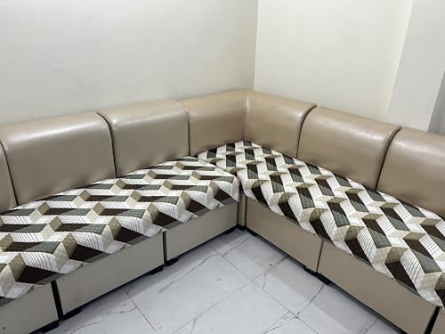 Image of JAPA Olive Mosaic Blocks Quilted Velvet L-Shape Seat-Only Sofa Cover for 3+2 Seater - Non-Slip Washable Daily Use Sofa Protector, Luxury Sofa Mat for Living Room