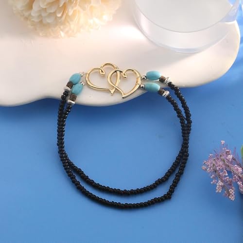 Image of Elastic Beaded Ankle Bracelets for Women Double Heart Layered Stretch Ankle Bracelets Waterproof Dainty Boho Beaded Anklets for Summer Beach Foot Jewelry