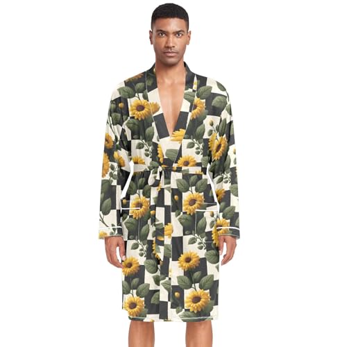 Men’s Robe Plaid Sunflower Print, Long Sleeve Bathrobe for Sleep Shower-M