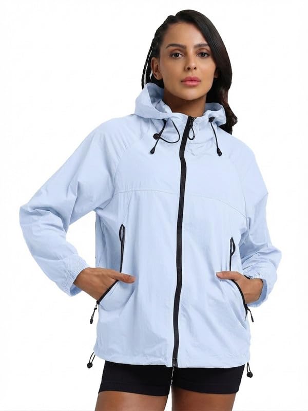 Image of CHKOKKO Sunscreen Jacket For Women With Hood Upf 50+ UV Tan Sun Protection | Wind Proof Lightweight Breathable Quick-dry Water-repellent Fabric | For Gym Sports Running Biking And Dailywear