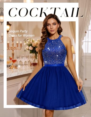 Image of Dressystar Women's Sequin Short Prom Dress Sparkly Halter Tulle Cocktail Party Homecoming Dresses