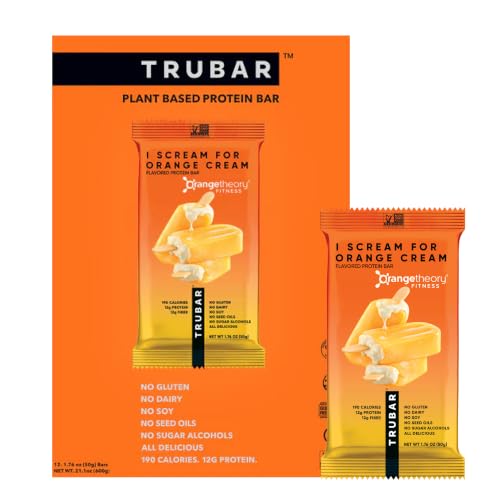 Image of TRUBAR Vegan Protein Bar, I Scream for Orange Cream, Gluten Free, Plant Based Protein, Dairy Free, Non GMO, Soy Free, No Sugar Alcohols, 12G Protein, 13G Fiber, Healthy on the Go Snack Bars, 12 CT