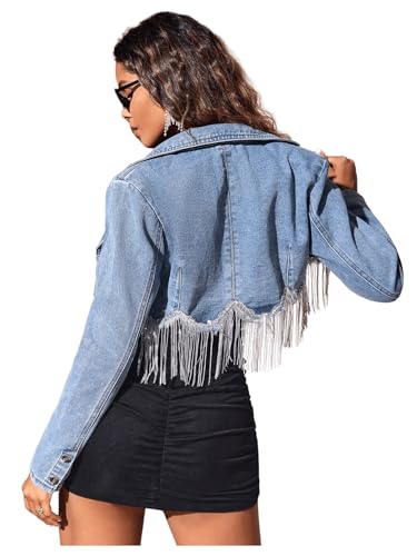 WDIRARA Women's Fringe Trim Trendy Crop Denim Jacket Lapel Neck Long Sleeve Outerwear Coats
