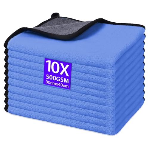 Gucass 10 PCS Chiffon Microfibre Voiture, 500 GSM Chiffons de Polissage en Microfibre, Super Absorbant Chiffon de Nettoyage en Microfibres, pour Voitures et Motos, Nettoyage Domestique, 30x40CM, Bleu