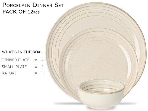 Image of Bodhi House Handcrafted Chip Resistance Porcelain Dinner Set, 12 Pieces Dish Set Serving for 4, Microwave and Dishwasher Safe, Bone-ash Free, Crockery Set for Dining and Gifting, Spanish White