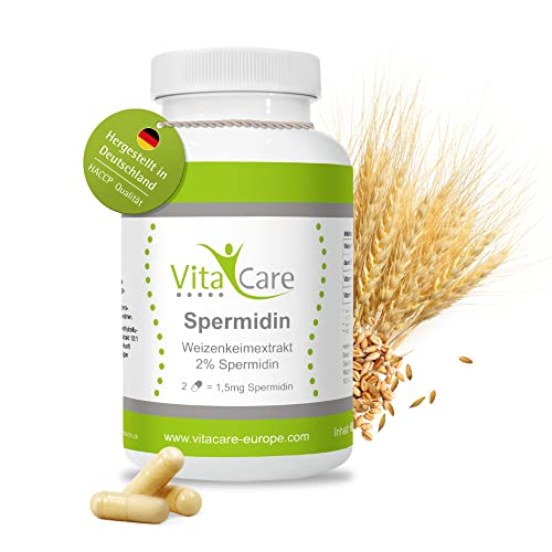 VitaCare Spermidin aus natürlichem Weizenkeim-Extrakt, hoch dosierte Spermidin-Kapseln mit 1,5 mg Spermidin-Gehalt und Vitamin B12 & B2, 240 Kapseln Cover