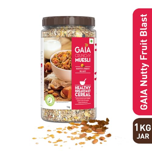 Image of GAIA Nutty Fruit Blast Crunchy Muesli 1 kg jar - Blend of Multigrains, Nuts, Oats and Cornflakes The Ultimate Healthy and Delicious Breakfast Cereals.