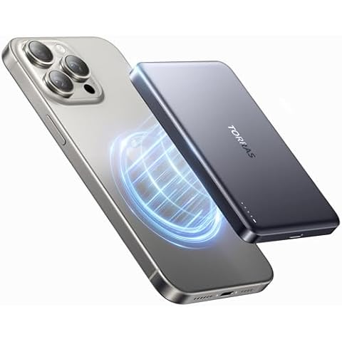 TORRAS MiniMag Power Bank,Ultra-Slim 10,000mAh Magnetic Wireless Portable Charger, 22.5W Fast Charging Battery Pack with USB-C Cable Designed for iPhone 16 Pro Max/16 Pro/16/15/14/13/12, Glacier Gray Cover