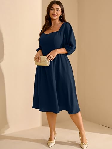 Image of RWJ Plus Size Dress for Women Fall 3 /4 Sleeve Sweetheart Neck Aline Casual Wedding Guest Formal Midi Dresses with Pockets
