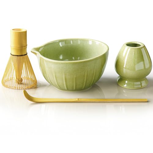 Surfou Kit de 4 pièces, bol avec bec, fouet en bambou, support et cuillère, idéal pour latte, petit déjeuner ou comme cadeau pour les amateurs de thé vert...