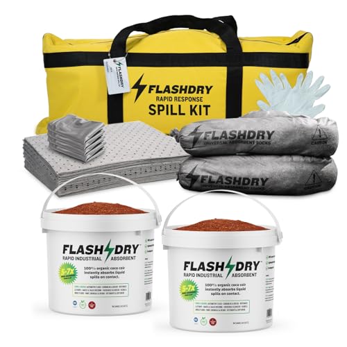Image of FlashDry Portable Universal Spill Kit - Safety kit - Yellow Duffle, Bag Tag, 15 Absorbent Pads, 2 3 inch x4' Sorbent Socks, Disposal Bags, Nitrile Gloves, 2 5L Buckets of 100% Organic Coir w /Dispenser Lid
