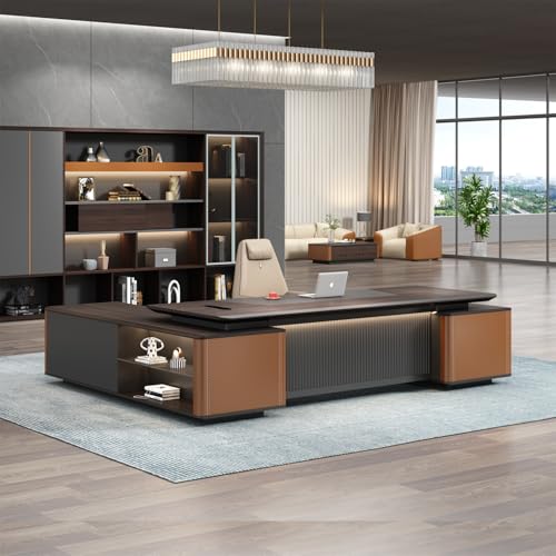 Image of Lakdi The Furniture Co Luxury Executive Director Table with Integrated Storage, Ribbed Front Panel, LED Accent Lighting and Premium Wood Finish - LDL-737
