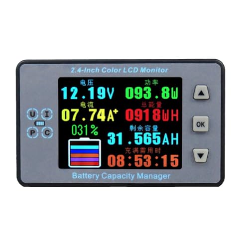 Lbvzxkad Medidor de Capacidad de Batería, Medidor de Culombio, Amperímetro, Voltímetro Bluetooth con Pantalla A Color de 2,4 Pulgadas para Vehículos Eléctricos y Casas Rodantes