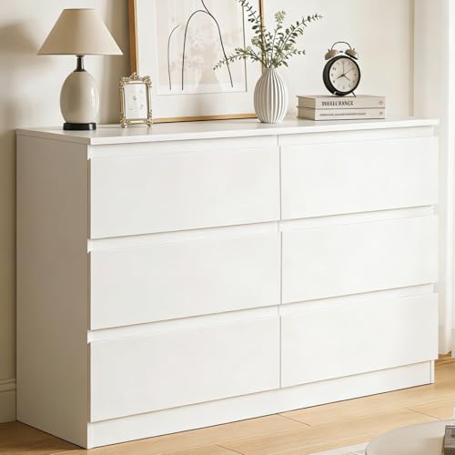 YOUDENOVA Cómoda con 6 cajones, Blanca Madera Cómoda para Dormitorio Pasillo Salón, Cómoda Armario 40 cm Fondo, Cómoda con Cajones 120 cm Ancho, Mueble Moderno, 120 x 40 x 75 cm